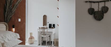 Individually decorated, desk, laptop workspace, blackout curtains