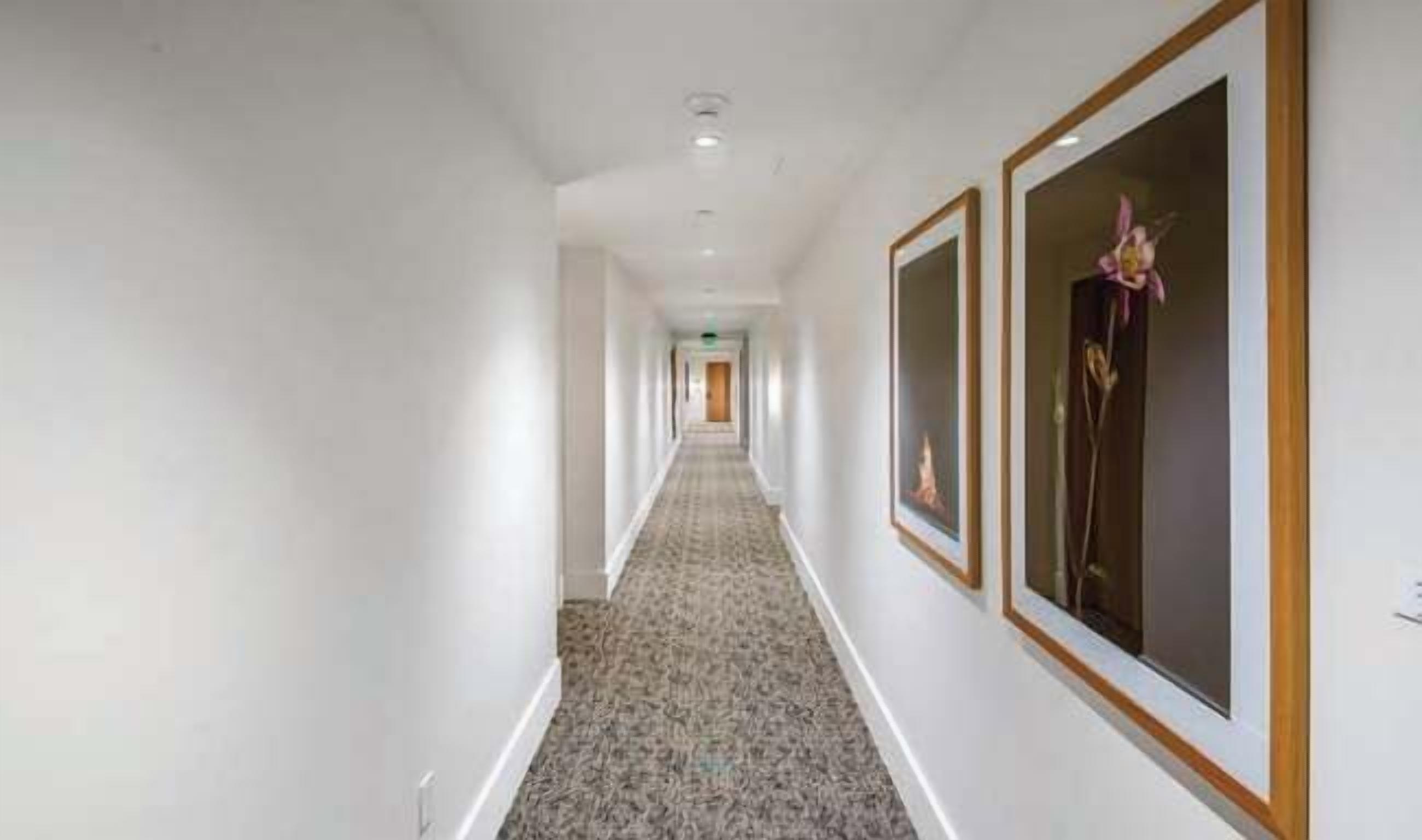 A long, narrow hallway with a patterned carpet, white walls, and framed artwork on the right side.