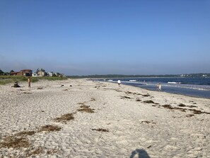 Guests can enjoy a serene beach experience with access to the sandy shoreline and scenic views of the surrounding houses and trees.