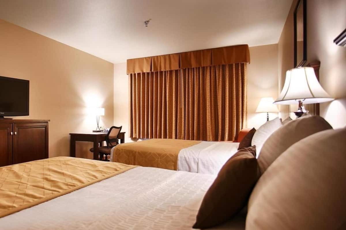 A hotel room with two beds, a desk with a chair, a television, and a lamp.