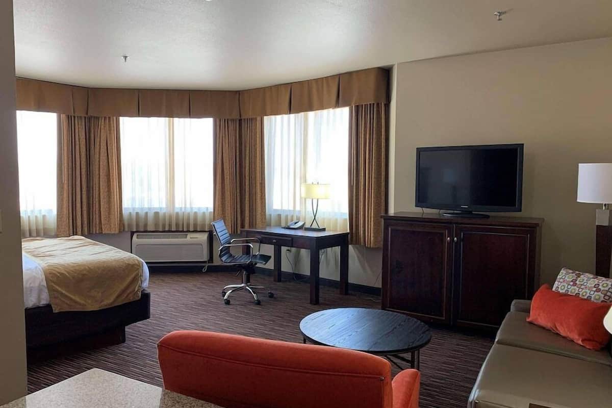 A hotel room with a bed, a desk with a chair, a television, a sofa, and a small table.