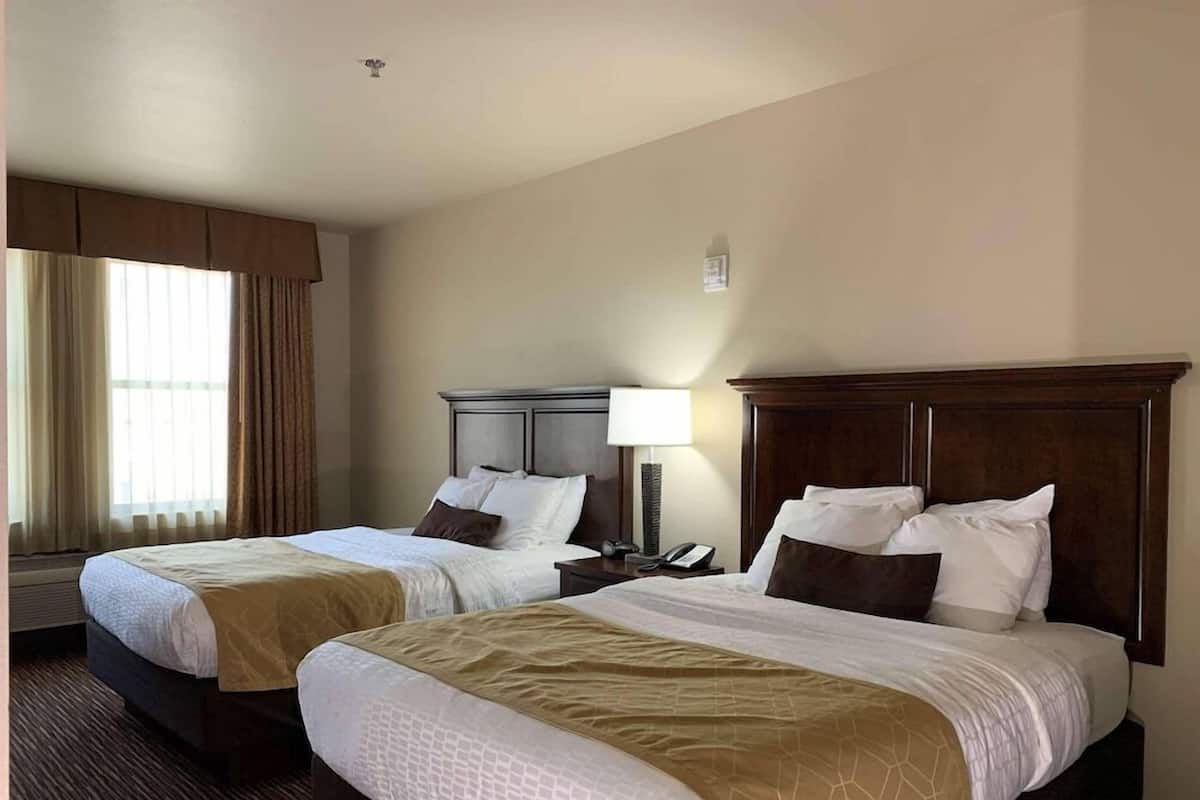 A hotel room with two beds, a nightstand with a lamp, a telephone, and a window with curtains.