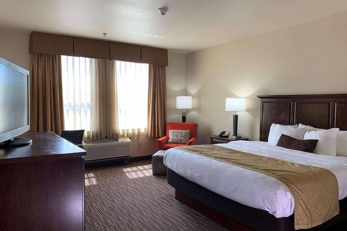 A hotel room with a bed, a desk, a chair, a TV, and a window with curtains.