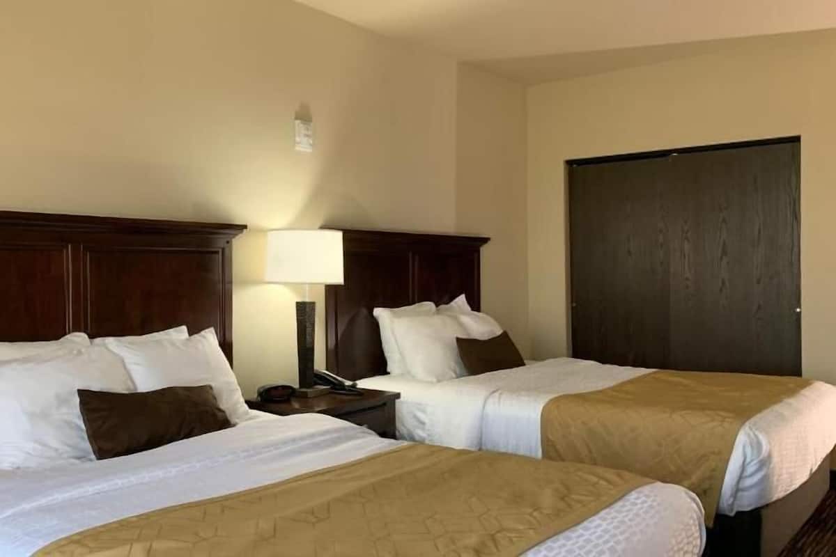 Two double beds with wooden headboards, a bedside table with a lamp, and a dark door.