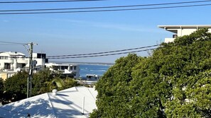 A coastal residential area with modern buildings, power lines, and a clear view of the sea.