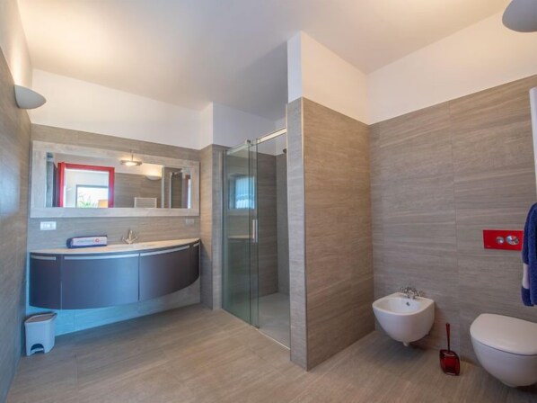A modern bathroom with a glass shower enclosure, a vanity with a mirror, and a separate sink.