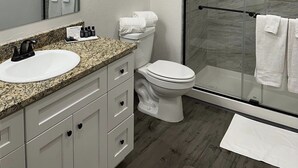 A modern bathroom with a granite countertop sink, a white toilet, a glass shower enclosure, and a large mirror. - Bunkhouse Lodge (Seadrift)
