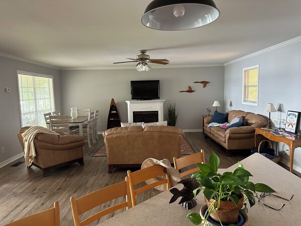 TV connectée, cheminée, livres