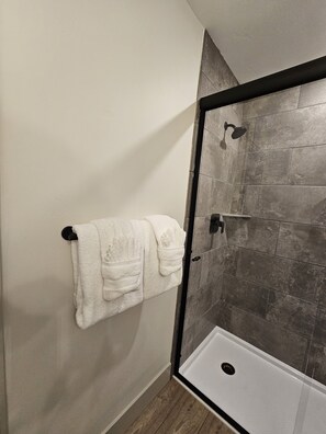 Douche, serviettes fournies, savon, shampoing