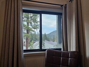 A room with a large window, curtains, and a chair. - Mammoth Lakes Condo-Newly remodeled-Sleeps up to 8 (Mammoth Lakes)