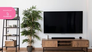 Ett modernt vardagsrum med en platt-TV, ett träinrett TV-bord och en krukväxt i form av bambu.