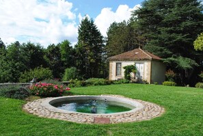 Stroll through a serene garden featuring a tranquil pond with a water fountain, surrounded by lush greenery and vibrant flowers.