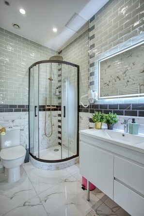 Shower, hair dryer, towels, soap