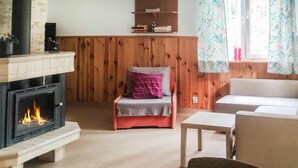 Een gezellige woonkamer met een open haard, een houten wand, een boekenkast en een raam met gordijnen.