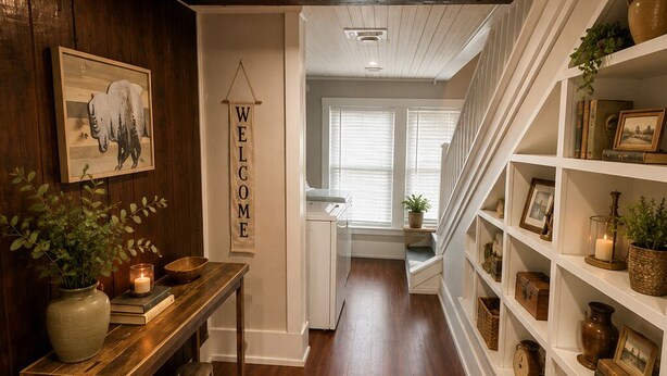 A wooden-floored hallway with a welcoming sign, a bench with a vase and candle, and shelves with decorative items. - Ouachita Spring Studio Stay- Sleeps 4 (Mena)
