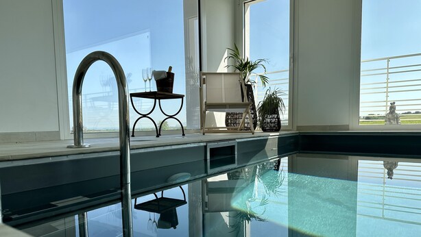 Une piscine intérieure moderne avec des parois en verre transparent, un robinet en métal et une petite table sur laquelle se trouvent une plante et un seau.