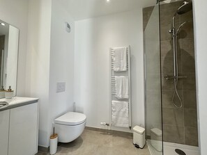 Douche, séchoir à cheveux, serviettes fournies, savon