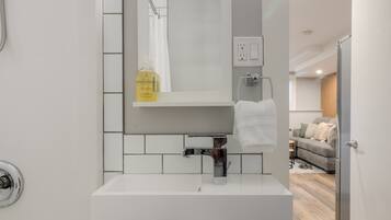 Hair dryer, towels, soap, shampoo