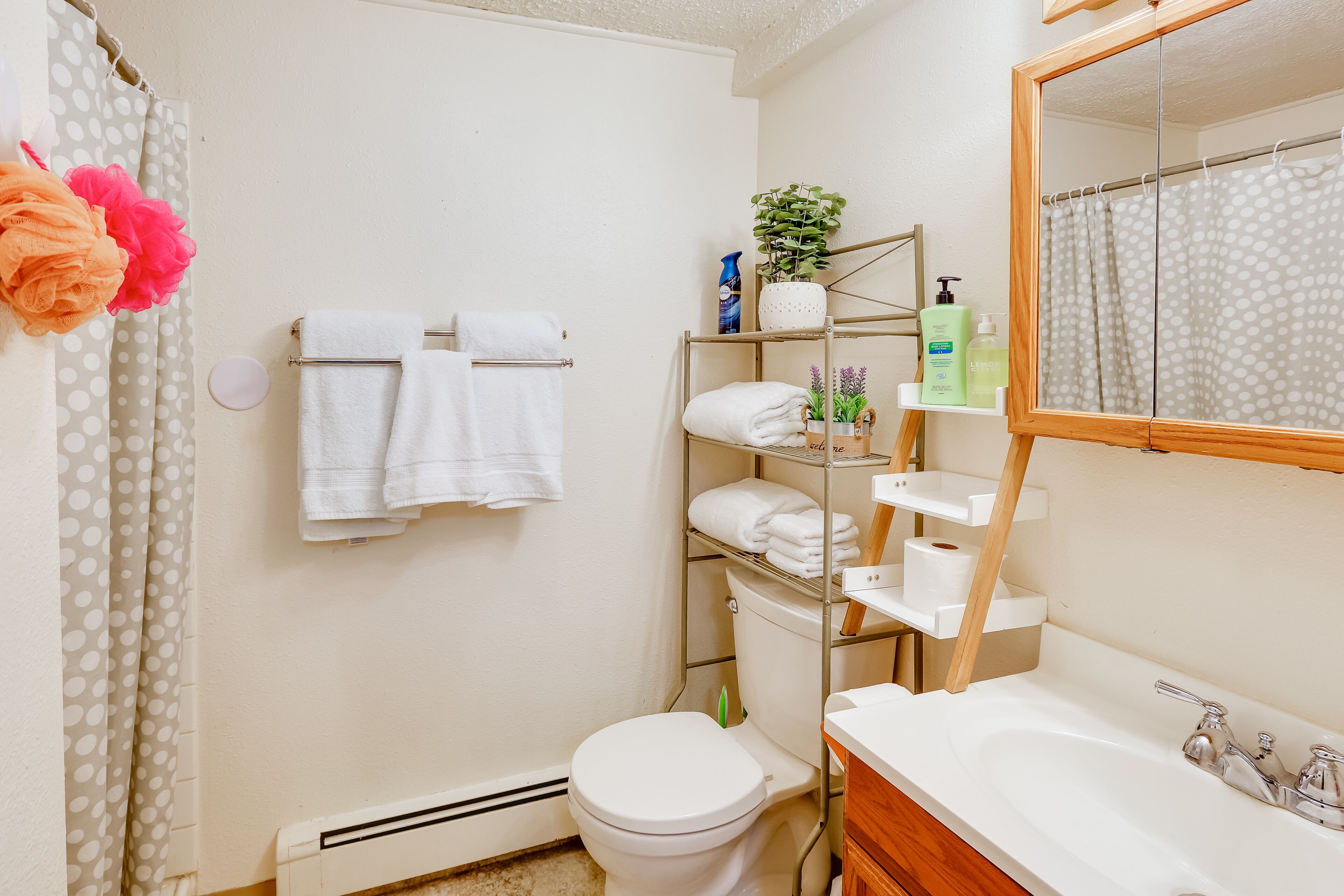 A bathroom with a toilet, a sink, a mirror, and shelves with toiletries.