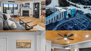 A modern hotel interior with a cozy living area, a dining space, and a bedroom. - Ski In/out, Sleeps 8, Pool, Hot Tub, Snow Tubing! (Snowshoe)
