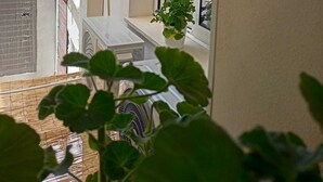 A balcony with a potted plant, a window, and a view of neighboring buildings. - Cozy Little House in town La Ficurinia 🌵 (Siracusa)
