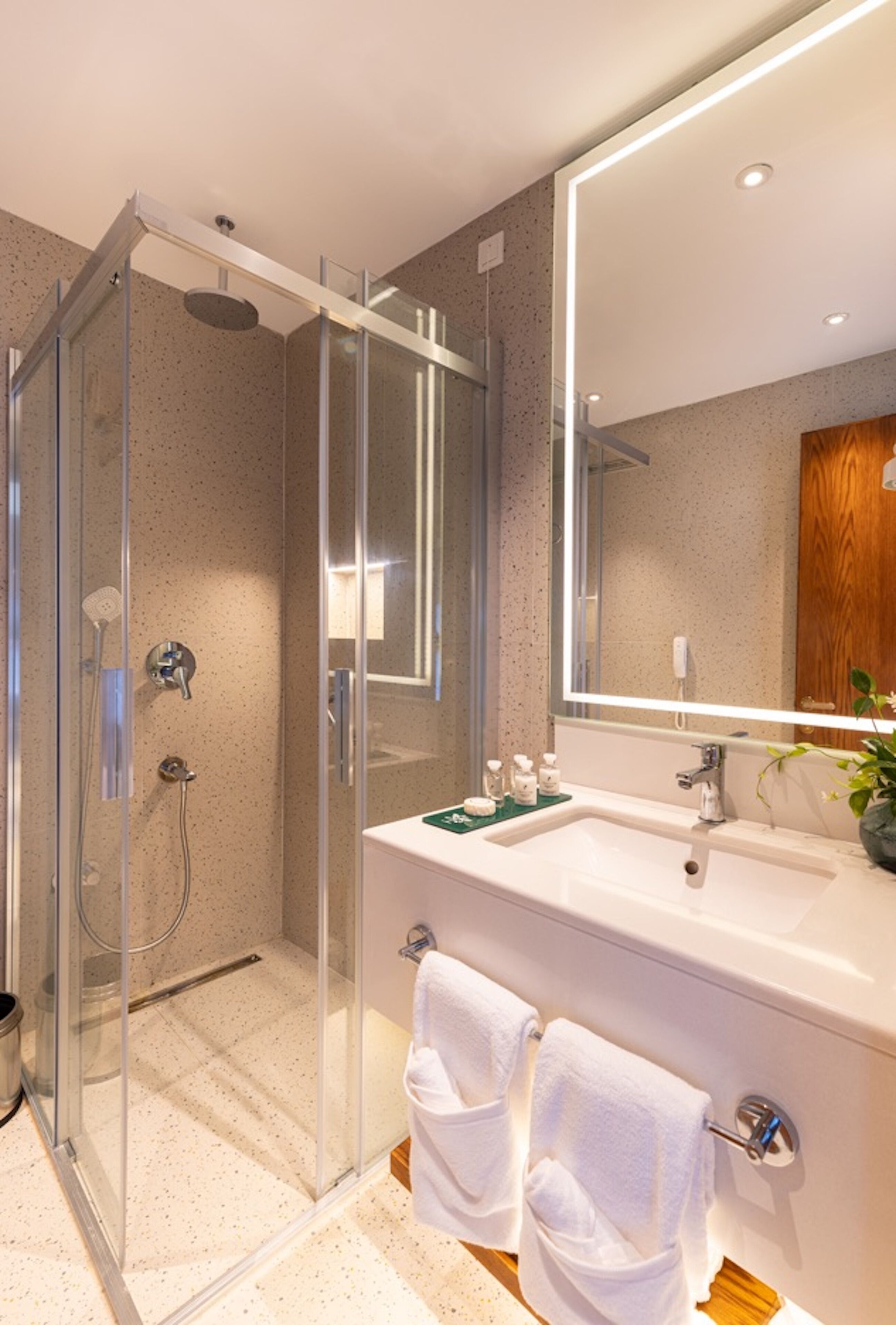 A modern bathroom with a glass shower enclosure, a white sink with a mirror, and a wooden cabinet.