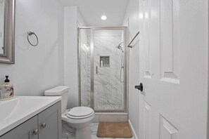 Shower, hair dryer, shampoo