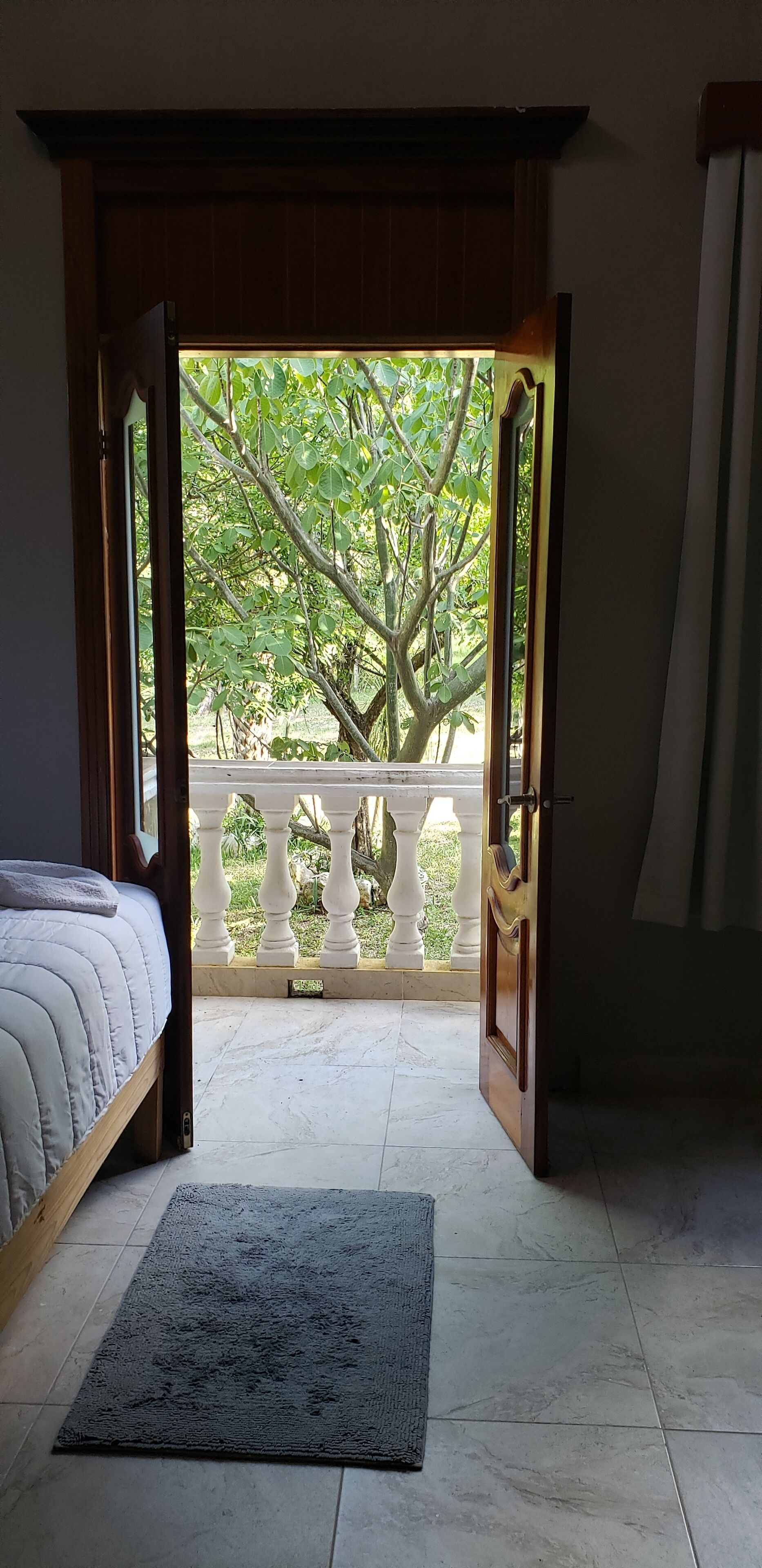 Un dormitorio con una cama, un tapete oscuro y vista a un árbol a través de una puerta abierta.