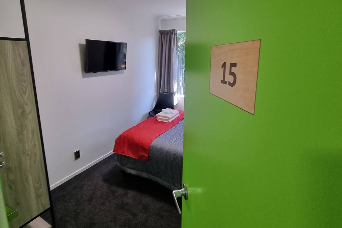 A hotel room with a bed, a TV mounted on the wall, a window with curtains, and a green door with the number 15.