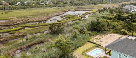 A residential area with a swimming pool, a large house, and a marshy landscape.