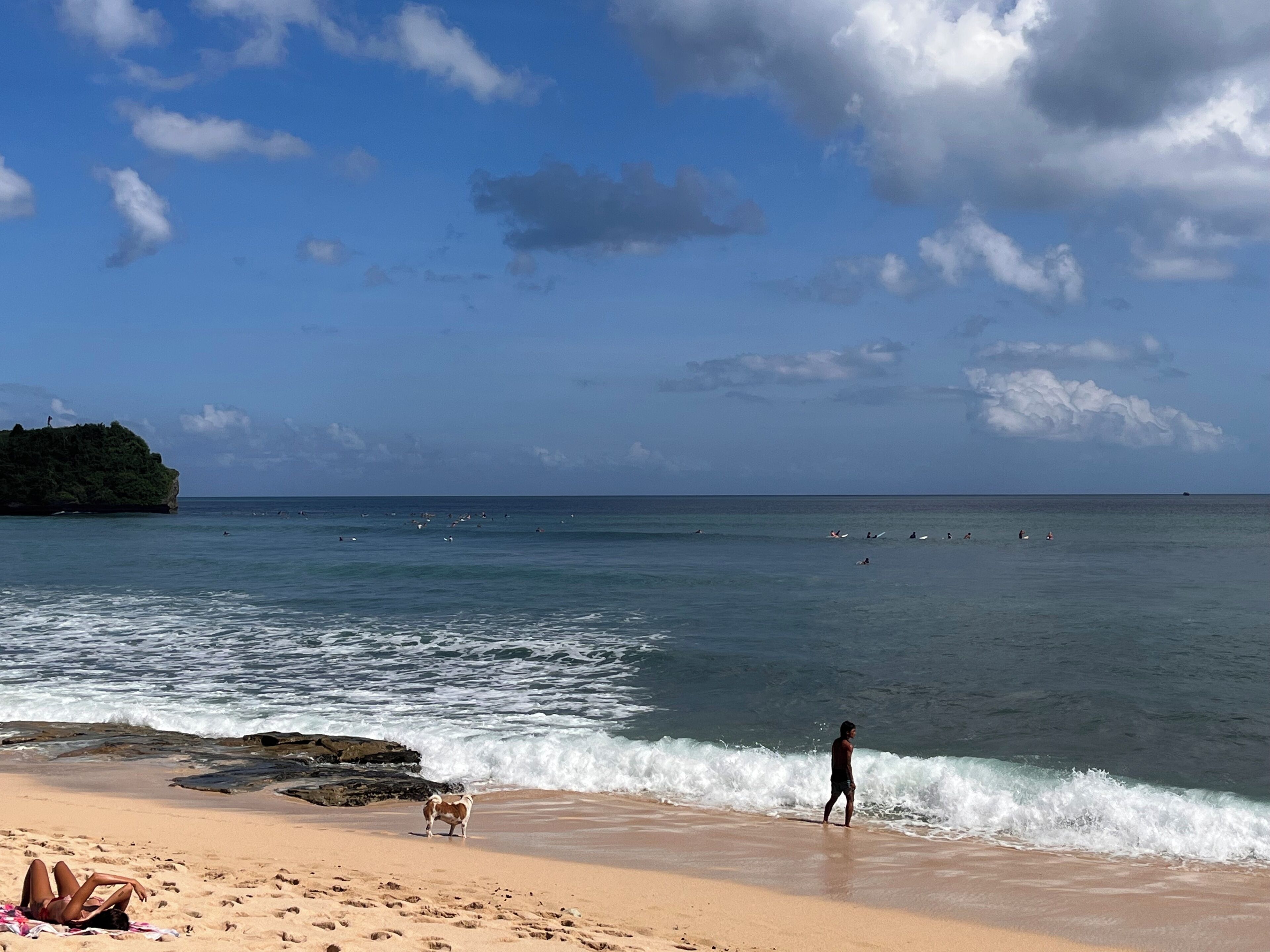 A beach with a rocky outcrop, a person standing in the water, and a dog on the sand.
