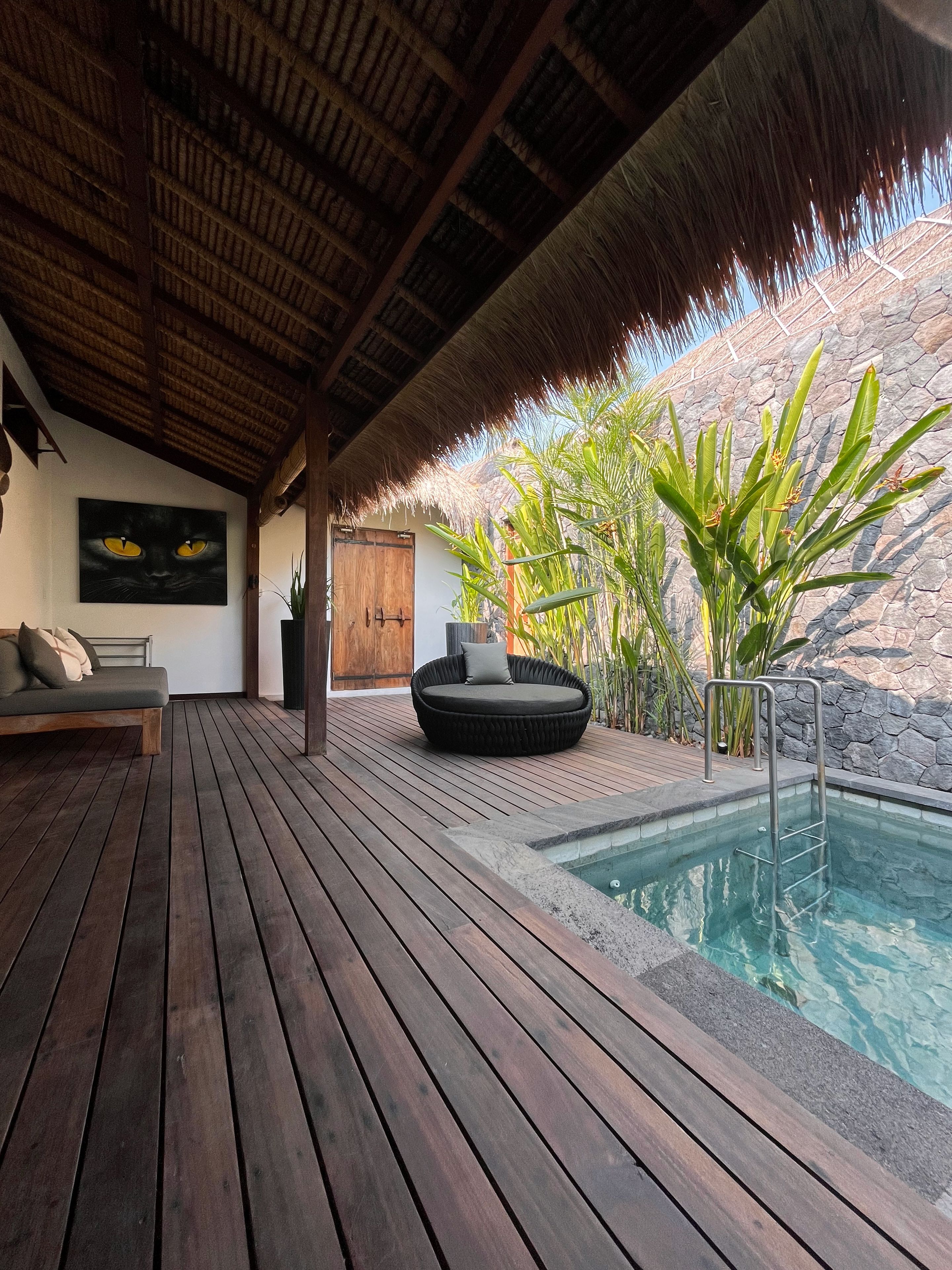 Eine Holzterrasse mit Pool, einem runden schwarzen Sofa und einem Gemälde eines Katzenfells.