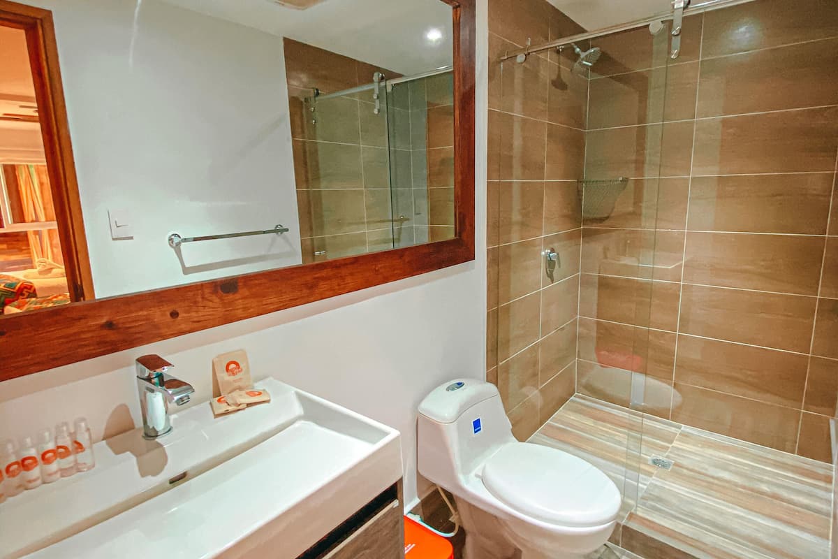 deluxe quadruple room | bathroom | shower, soap, toilet paper