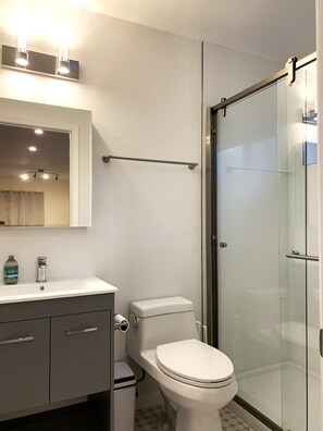 Shower, hair dryer, towels, soap