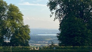 A swimming pool with clear blue water, surrounded by neatly trimmed hedges and trees. - DOMICILE RELAX" between Salem Monastery & Heiligenberg Castle - comfort on 80sqm (Salem)