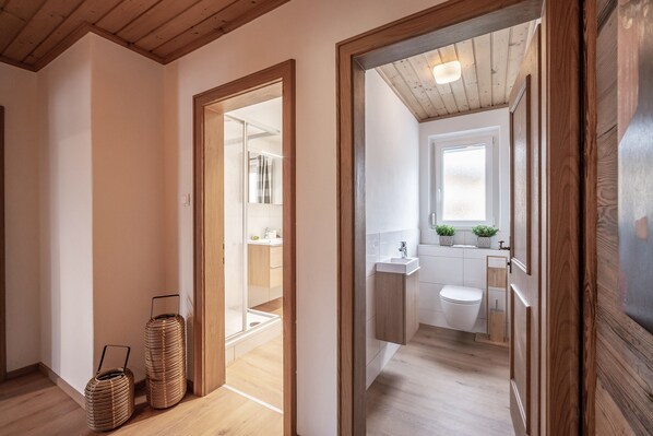 Shower, free toiletries, hair dryer, towels