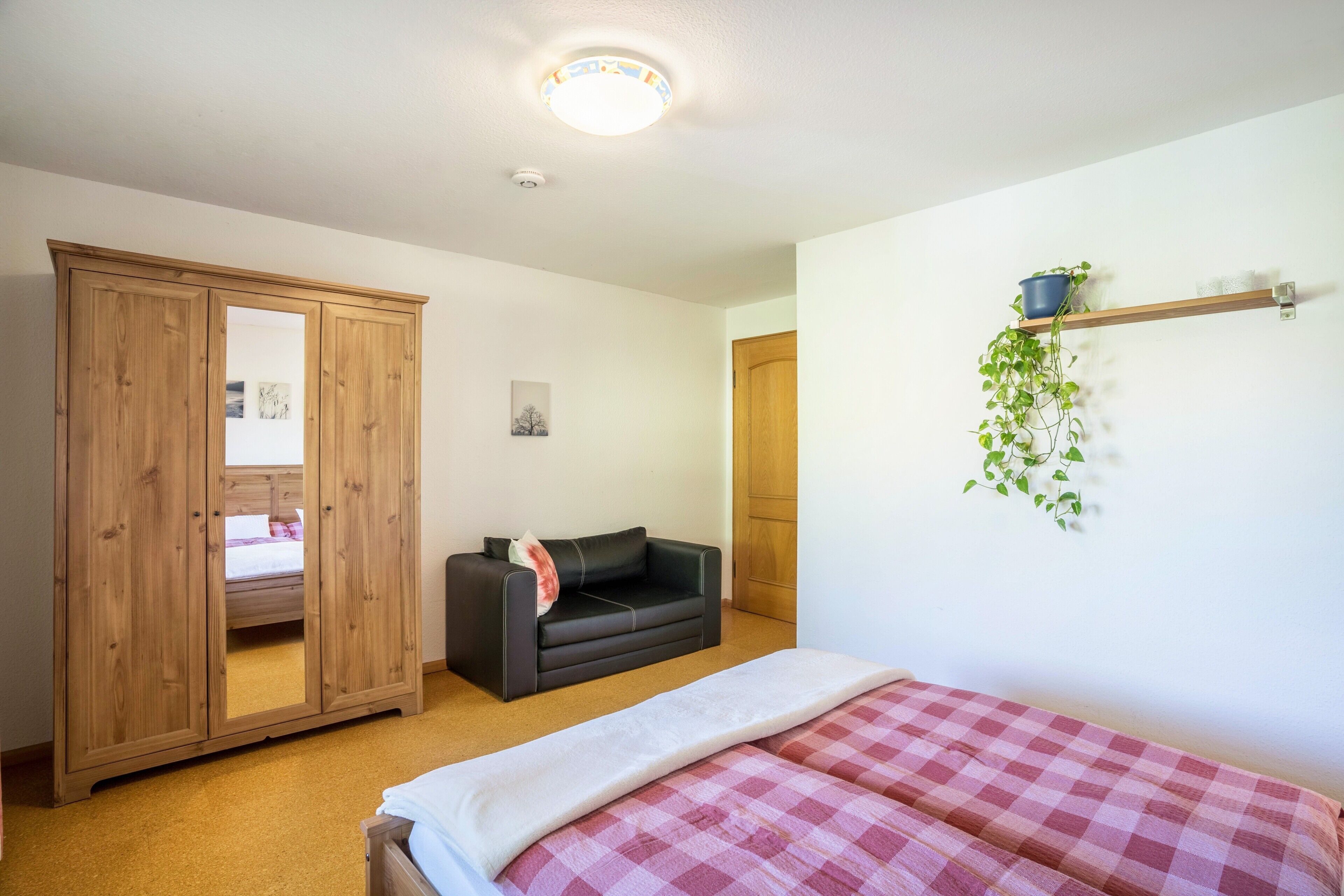 A bedroom with a bed, a wardrobe, a sofa, a wall-mounted shelf with a plant, and a ceiling light.