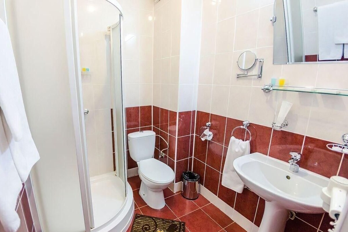 A bathroom with a shower, toilet, sink, and mirror.