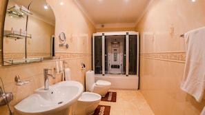 Un baño con lavamanos, inodoro y ducha.