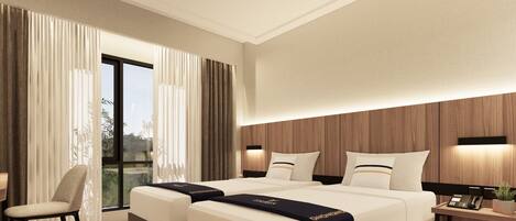 Una habitación de hotel moderna con una cama grande, dos mesitas de noche, una silla y vistas al exterior.