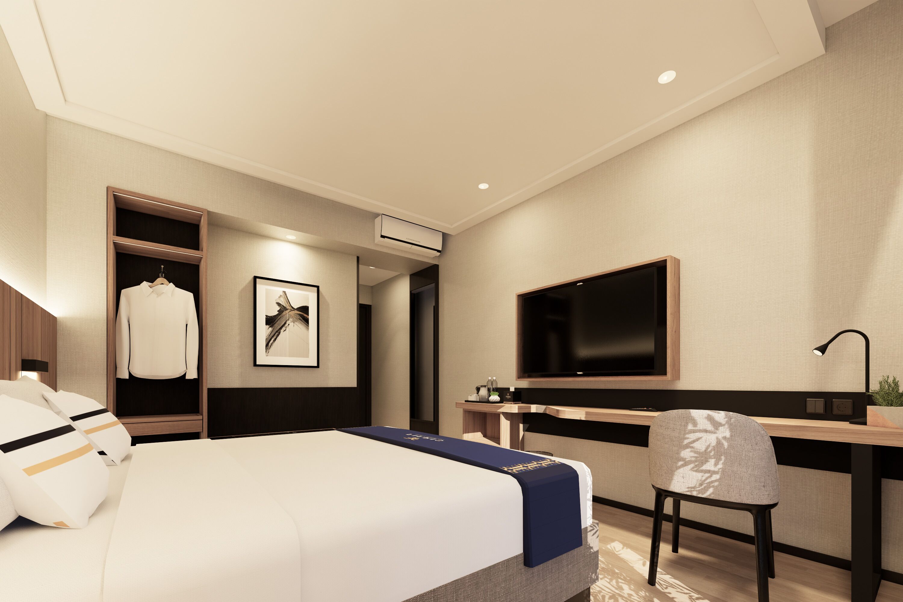 A modern hotel room with a bed, a desk, a chair, a TV, and a wardrobe.