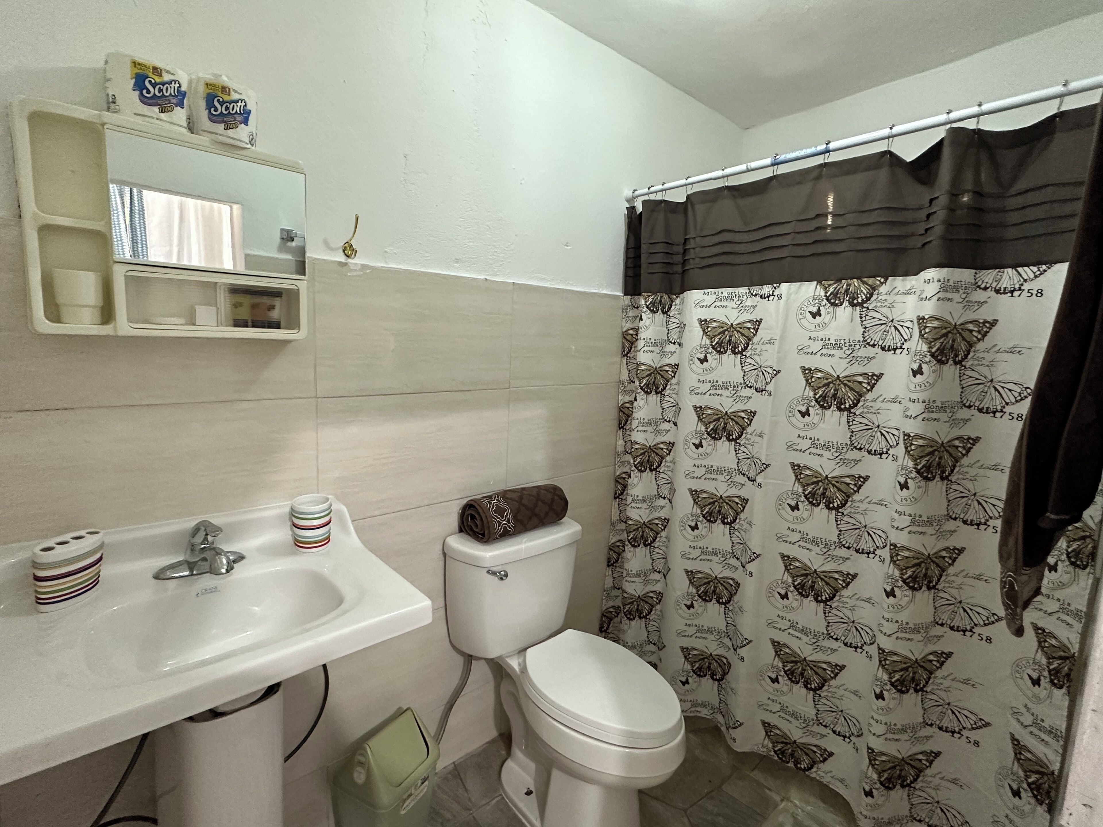 Un baño con inodoro, lavabo y cortina de ducha.