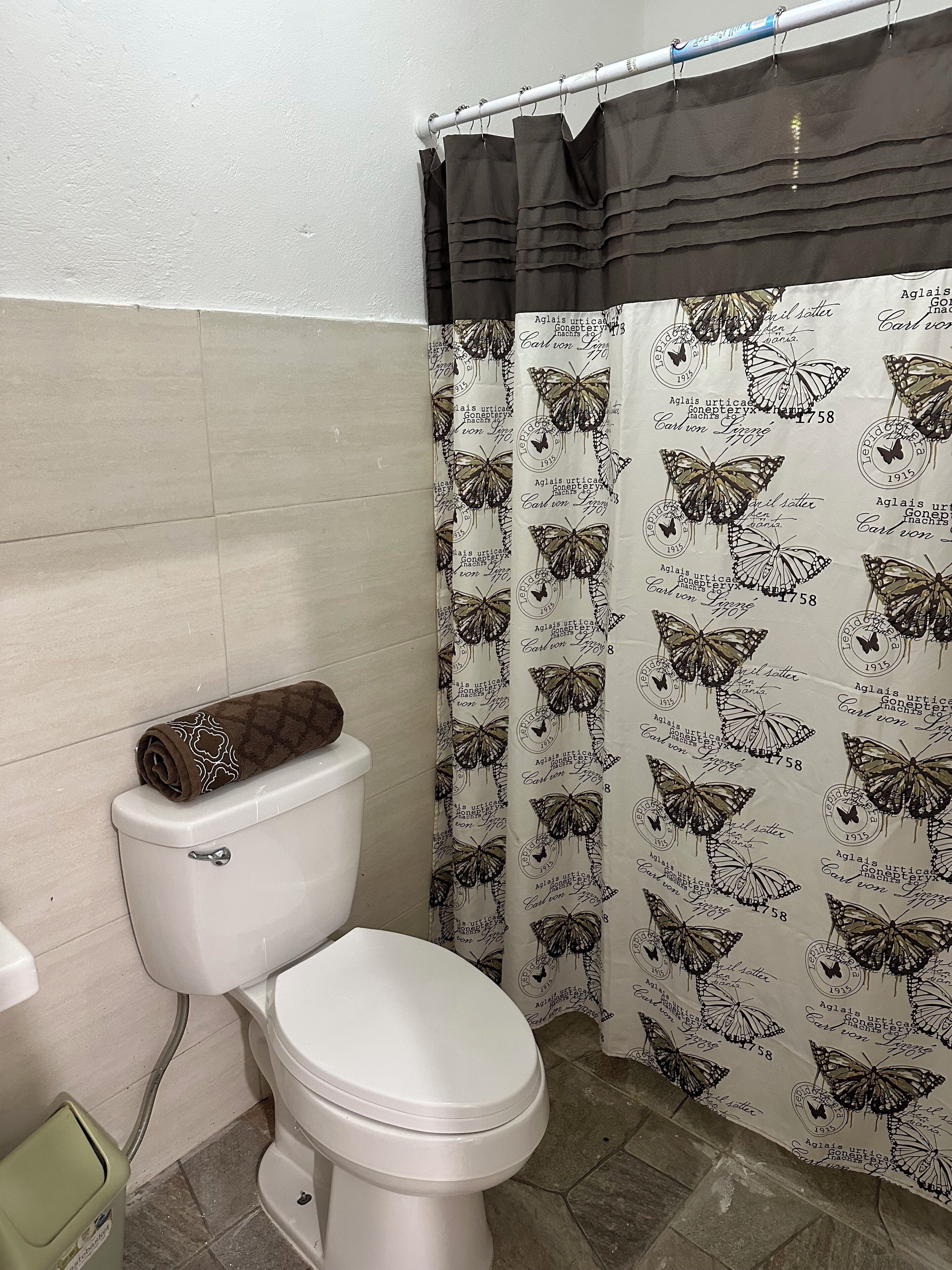 Un baño con inodoro, un rollo de papel higiénico, un cubo de basura y una cortina de ducha con motivos de mariposas.