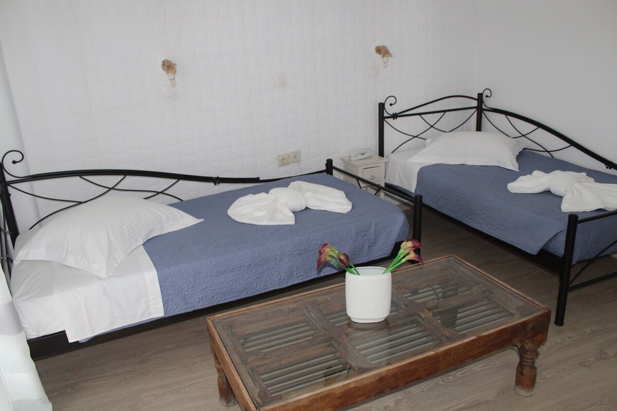 Two twin beds with white and blue bedding, a bedside table with a lamp, and a wooden coffee table with a glass top.