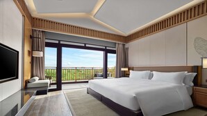 Een moderne hotelkamer met een groot bed, een flatscreen televisie, een balkon met uitzicht en een groot raam.