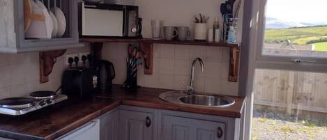 Fridge, microwave, stovetop, electric kettle