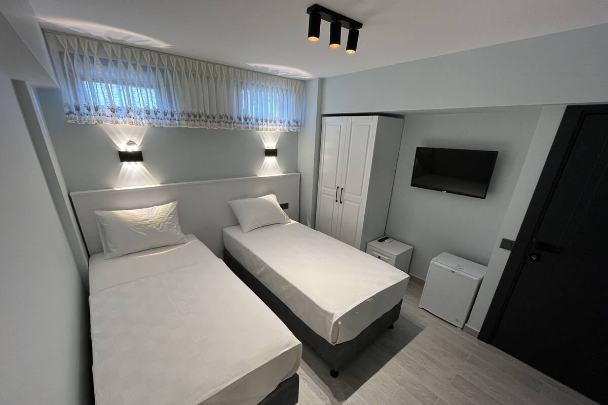 A modern bedroom with two beds, a wardrobe, a TV, and a small bedside table.