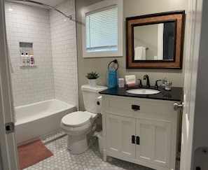 Hair dryer, towels, soap, shampoo