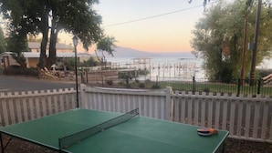 Ett bordtennisbord med ett racket och en boll, placerat med en vattenfront och träd i bakgrunden.