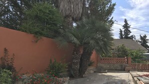 A paved pathway leading to a gated entrance, surrounded by a red wall and various plants, including a palm tree and flowering shrubs. - campagne de sitges (Olivella)